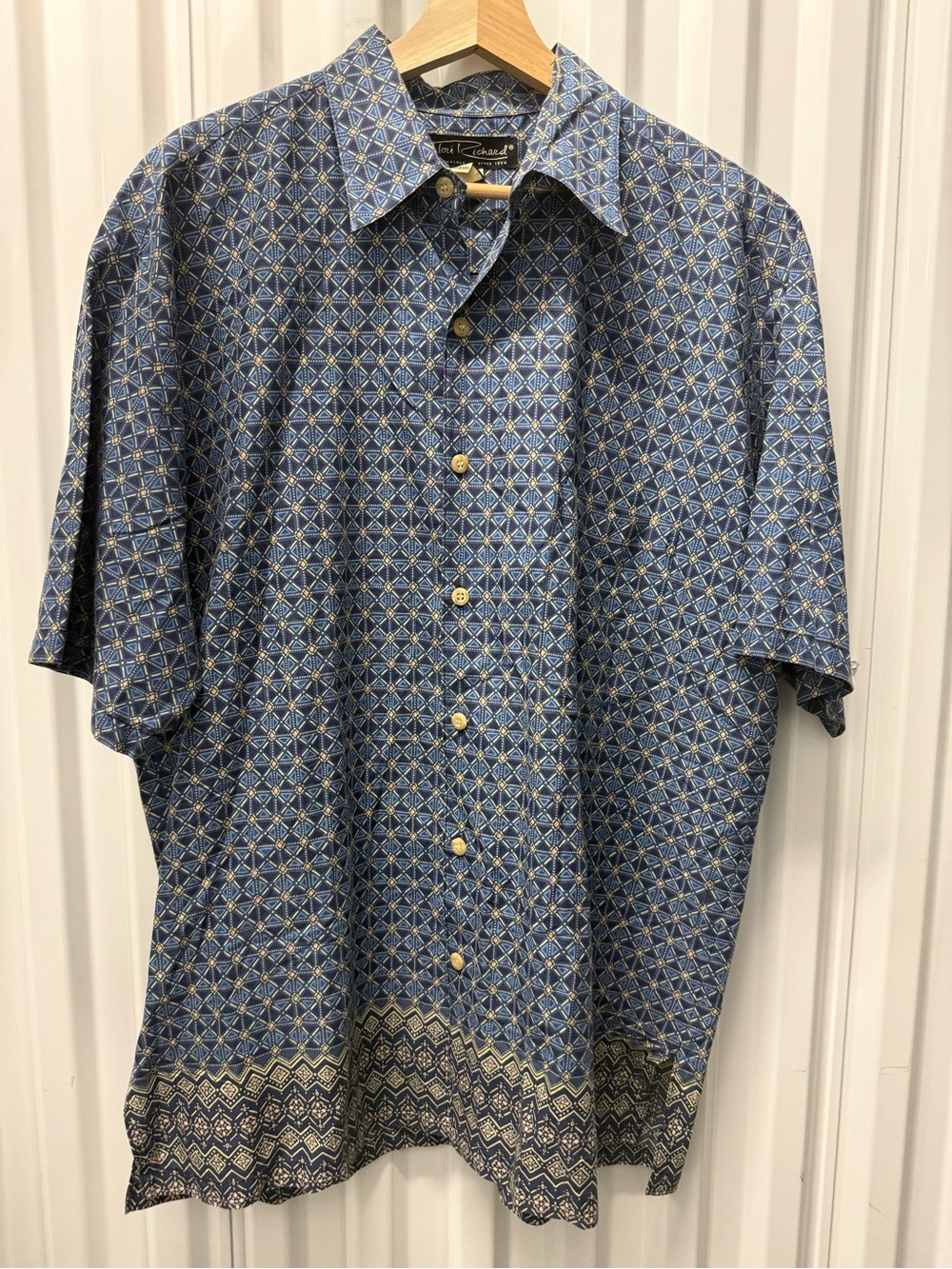 Vintage Tori Richard Geometric Cotton Lawn Resort Shirt Men's Large Blue #0300